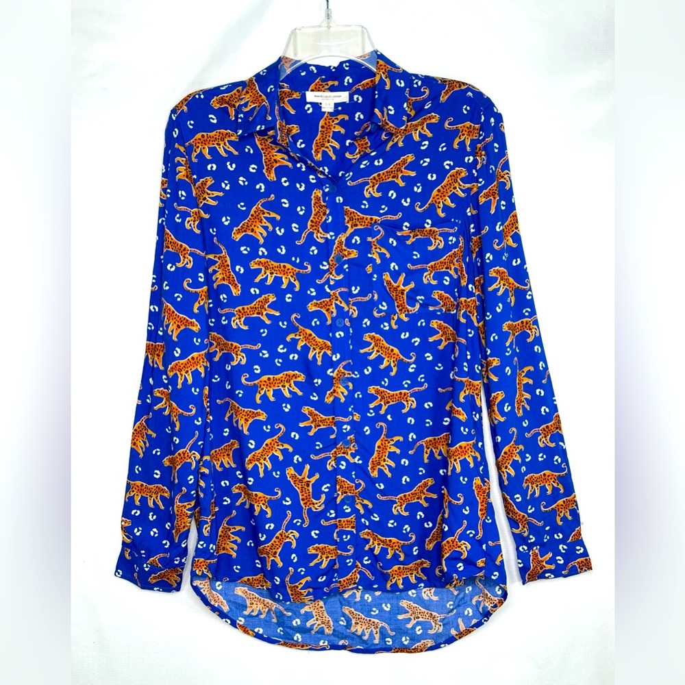 Beach Lunch Lounge Alanna Blue Leopard King Button Down Shirt‎ Boyfriend Sz S/P
